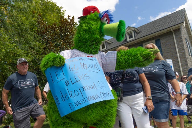 The Philadelphia Phanatic, official mascot of the city’s MLB team, joined Media Borough residents and officials at Media Borough Hall as they cheered for their 12U baseball team that will complete in the Little League World Series in Williamsport, Pa., on Aug. 16, 2023. (Kimberly Paynter/WHYY)
