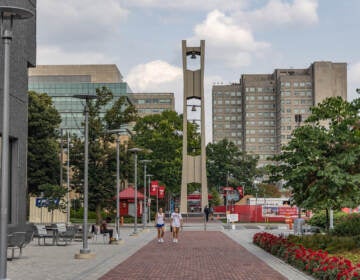 A walk way and buildings on Temple's campus.