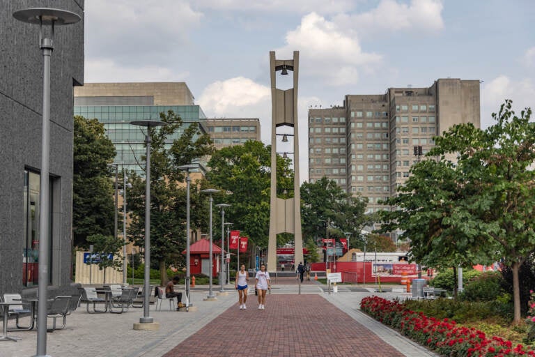 A walk way and buildings on Temple's campus.