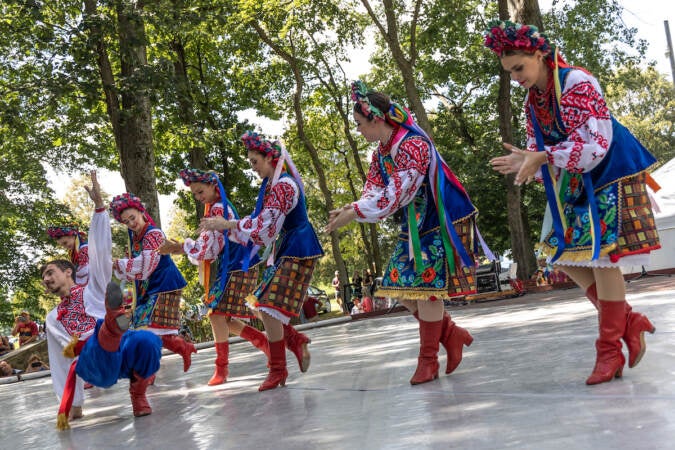 The Voloshlky Dance ensemble performed at the Ukrainian Folk Festival celebrating 32 years of Ukrainian Independence in Horsham, Pa., on August 27, 2023. (Kimberly Paynter/WHYY)