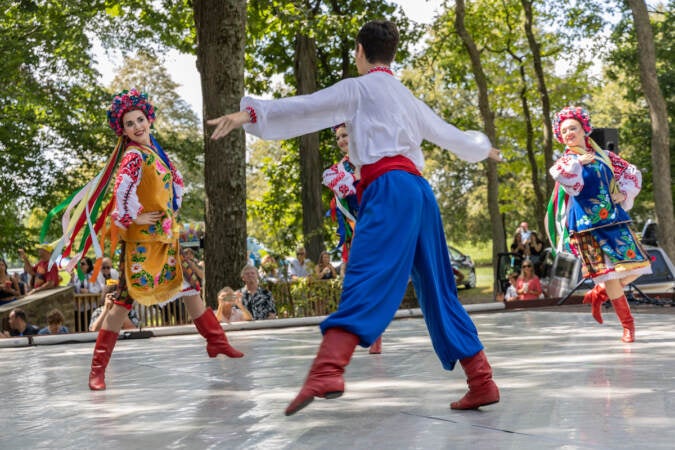 The Voloshlky Dance ensemble performed at the Ukrainian Folk Festival celebrating 32 years of Ukrainian Independence in Horsham, Pa., on August 27, 2023. (Kimberly Paynter/WHYY)