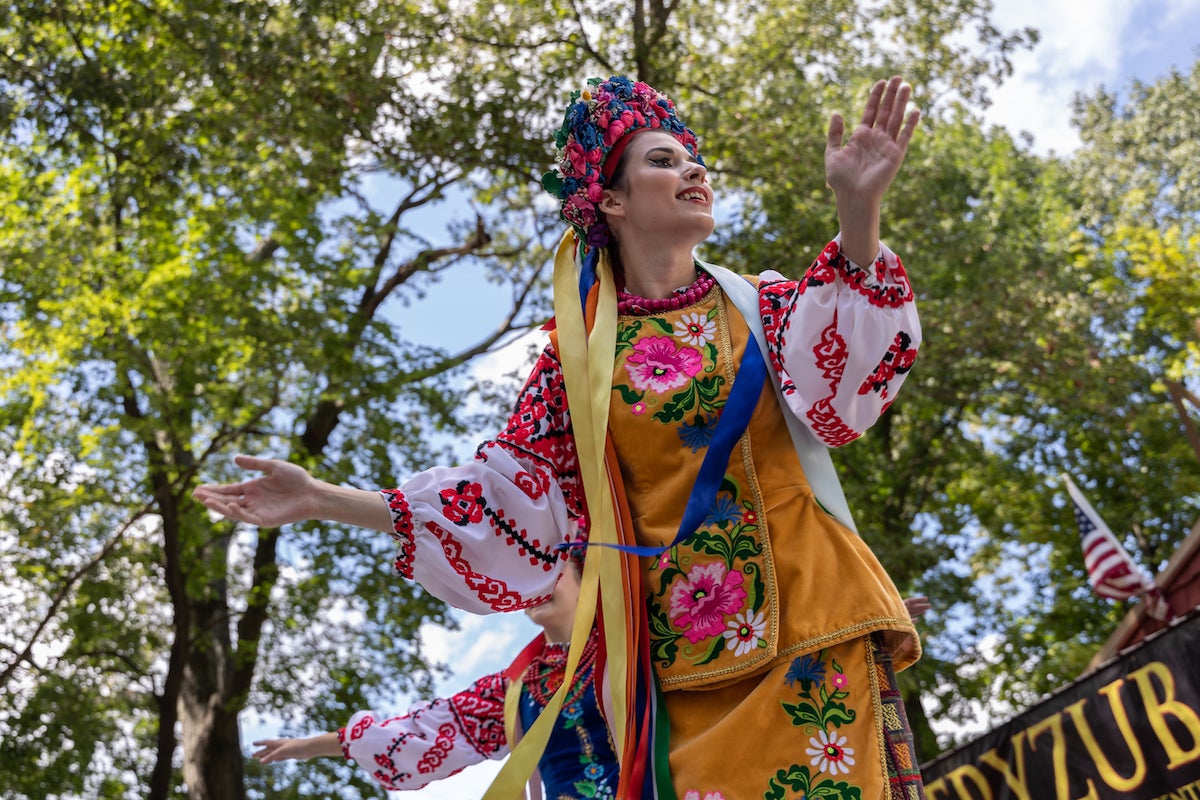 The Voloshlky Dance ensemble performed in traditional Ukrainian garments at the Ukrainian Folk Festival celebrating 32 years of Ukrainian Independence in Horsham, Pa., on August 27, 2023. (Kimberly Paynter/WHYY)