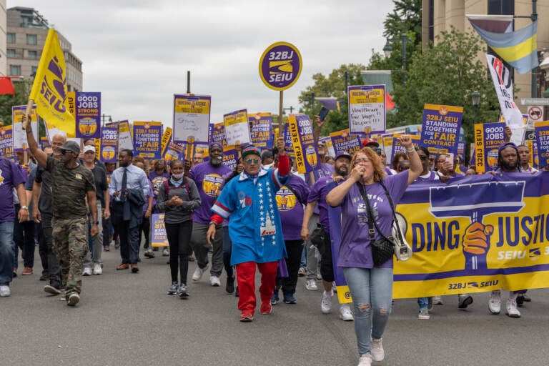 Union members and supporters marching in the street