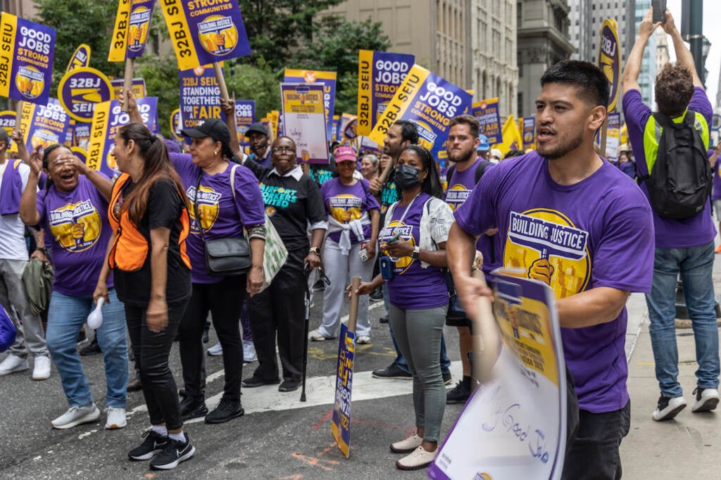 Union members and supporters marching in the street