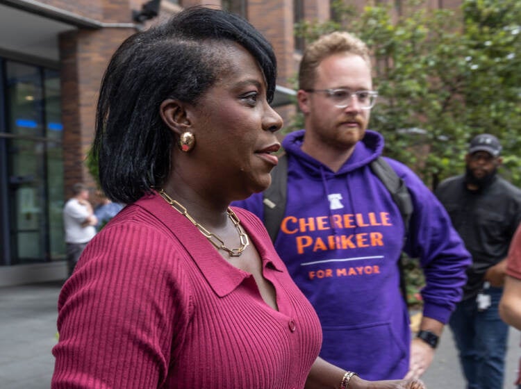 Cherelle Parker speaking to a group of reporters outside