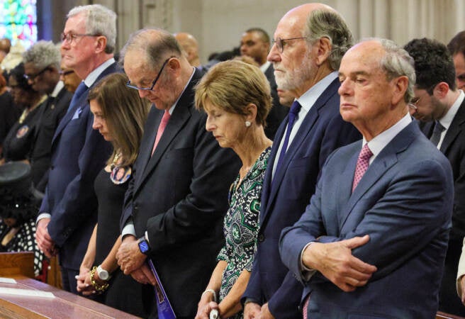 New Jersey Gov. Phil Murphy (l to r) and First Lady of N.J. Tammy Murphy are joined by former New Jersey governors Tom Kean, Christine Todd Whitman, Jon Corzine and Donald DiFrancesco during the funeral for former New Jersey Lt. Gov. Sheila Oliver at the Cathedral Basilica of the Sacred Heart on Saturday, August 12, 2023 in Newark, N.J. (Andrew Mills/NJ.com)
