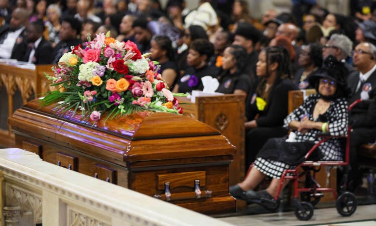 The casket containing the remains of former New Jersey Lt. Gov. Sheila Oliver during her funeral at the Cathedral Basilica of the Sacred Heart on Saturday, August 12, 2023 in Newark, N.J. (Andrew Mills/NJ.com)