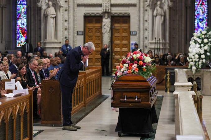 New Jersey Gov. Phil Murphy pauses before the casket containing the remains of former N.J. Lt. Gov. Sheila Oliver during a funeral service at the Cathedral Basilica of the Sacred Heart on Saturday, August 12, 2023 in Newark, N.J. (Andrew Mills/NJ.com)