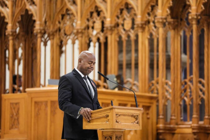 Newark Mayor Ras J. Baraka speaks during the funeral for former New Jersey Lt. Gov. Sheila Oliver at the Cathedral Basilica of the Sacred Heart on Saturday, August 12, 2023 in Newark, N.J. (Andrew Mills/NJ.com)