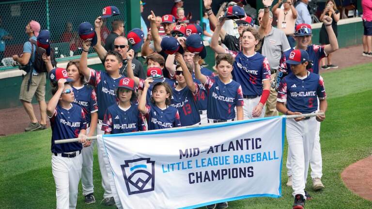 The Mid-Atlantic Region champion Little League team from Media, Pa., participates in the opening ceremony of the 2023 Little League World Series tournament in South Williamsport, Pa., Wednesday, Aug. 16, 2023. (AP Photo/Tom E. Puskar)