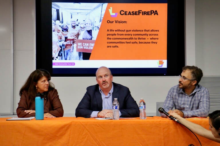 Three panelists at a table.