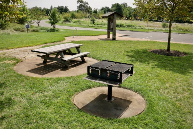 Picnic tables and a grill are visible