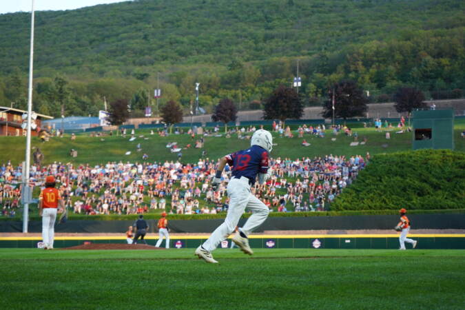A.J. Domenico runs to 1st base during the Little League World Series.