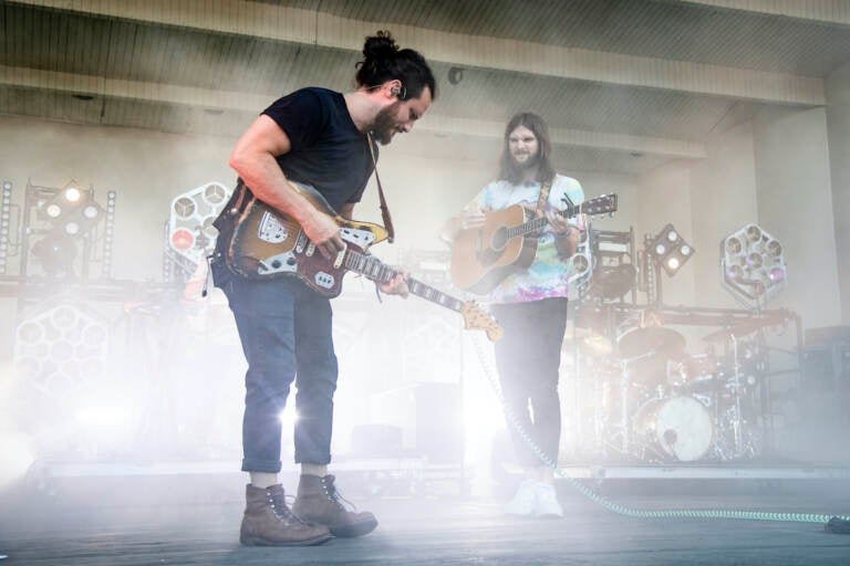 Sam Cooper (left) and Matt Quinn of Mt. Joy perform on day three of the Lollapalooza Music Festival on Saturday, July 31, 2021, at Grant Park in Chicago. (Photo by Amy Harris/Invision/AP)