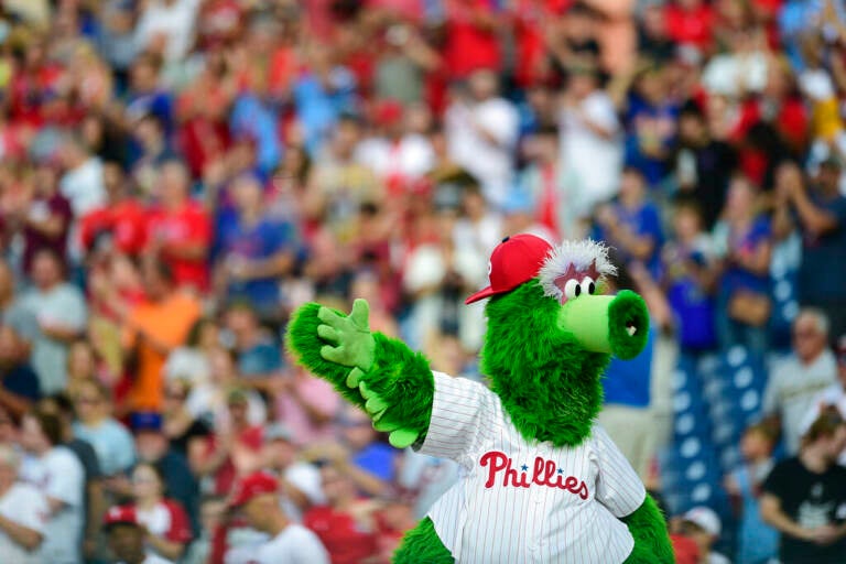 The Phillie Phanatic looks on during a baseball game against the New York Mets, Friday, Aug. 6, 2021, in Philadelphia. (AP Photo/Derik Hamilton)