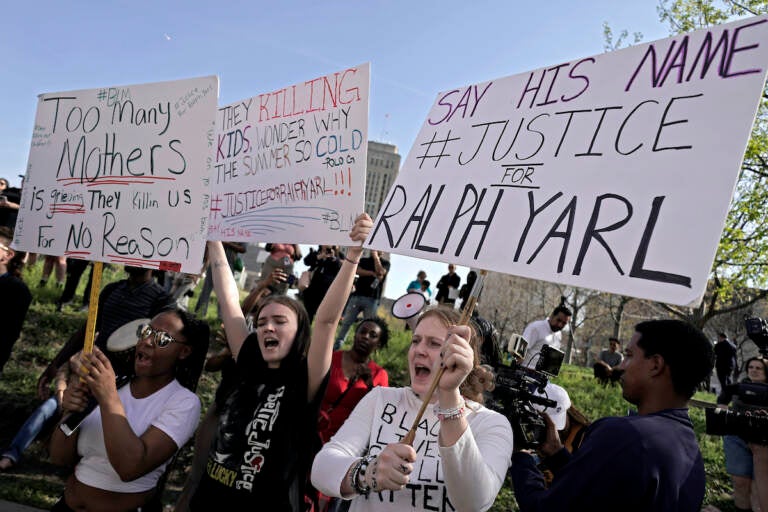 People gather at a rally to support Ralph Yarl, Tuesday, April 18, 2023, in Kansas City, Mo. Yarl, a Black teenager, was shot last week by a white homeowner when he mistakenly went to the wrong address to pick up his younger brothers.