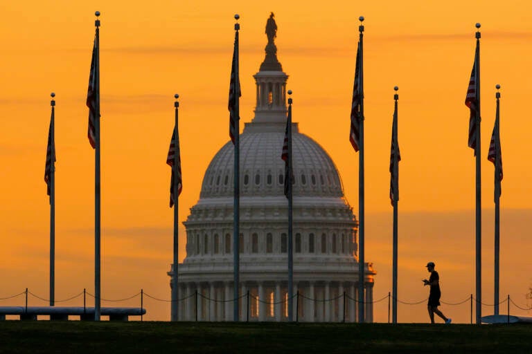 An early morning pedestrian is silhouetted against sunrise as he walks through the American flags on the National Mall with the U..S Capitol Building in the background in Washington Nov. 7, 2022.