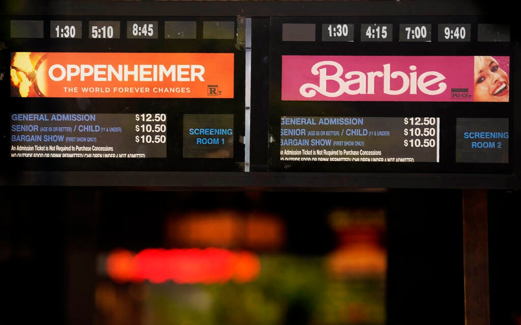 Showtimes for the films "Oppenheimer" and "Barbie" 