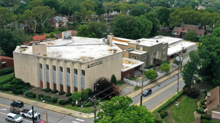 This photo taken with a drone shows the Tree of Life Synagogue in the Squirrel Hill neighborhood of Pittsburgh on Tuesday, Aug. 1, 2023