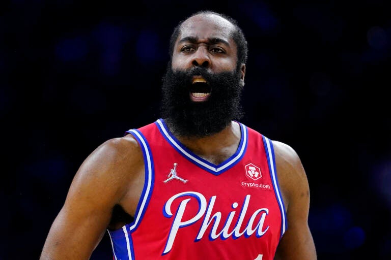 File photo: Philadelphia 76ers' James Harden reacts during Game 2 of an NBA basketball first-round playoff series, Monday, April 18, 2022, in Philadelphia