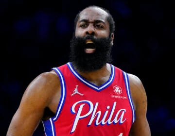 File photo: Philadelphia 76ers' James Harden reacts during Game 2 of an NBA basketball first-round playoff series, Monday, April 18, 2022, in Philadelphia.