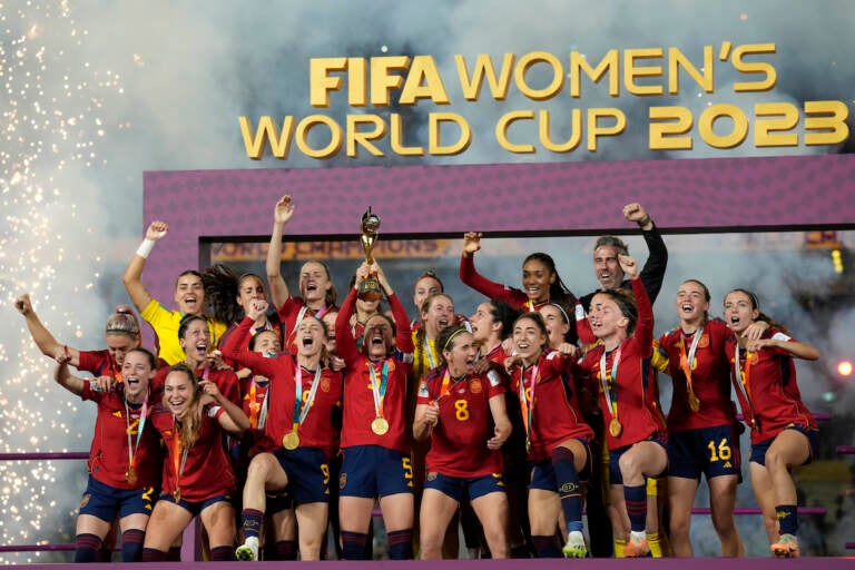 Team Spain celebrates after winning the Women's World Cup soccer final against England at Stadium Australia in Sydney, Australia, Sunday, Aug. 20, 2023