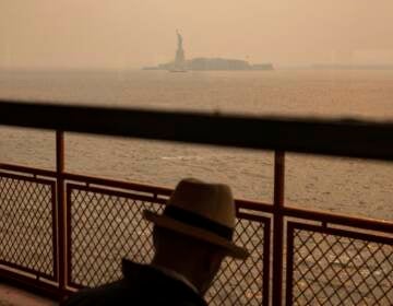 The Statue of Liberty is visible in the distance, shrouded in a smoky haze. A person is visible in the foreground, facing away from the camera.