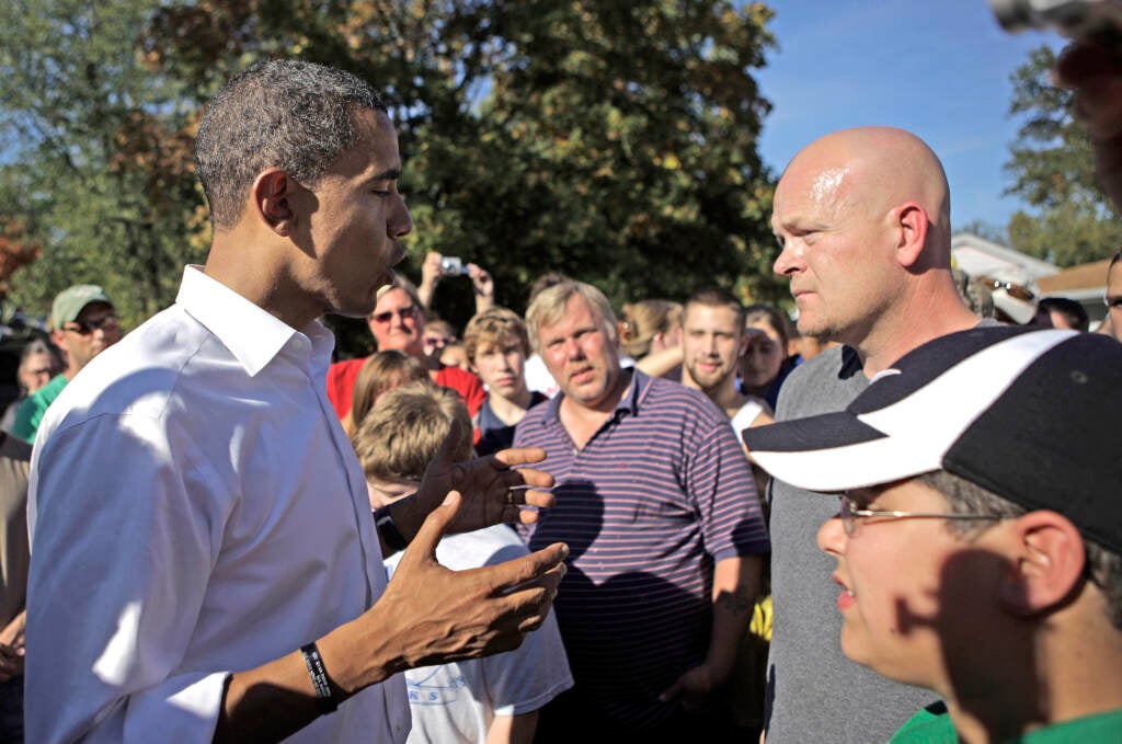 File photo: Then-Democratic presidential candidate, U.S. Sen. Barack Obama, D-Ill. (left) answers a question from Samuel Wurzelbacher, also known as ''Joe the Plumber'' (right) in Holland, Ohio, Oct. 12, 2008. Wurzelbacher, who was thrust into the political spotlight as ''Joe the Plumber'' after questioning former President Obama about his economic policies during the 2008 presidential campaign, has died, his son said Monday, Aug. 28, 2023. He was 49. His oldest son, Joey Wurzelbacher, said his father died Sunday, Aug. 27, in Wisconsin after a long illness.