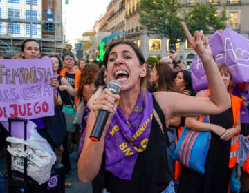A demonstrator shouts slogans during a protest against the President of Spain's soccer federation Luis Rubiales and to support to support Spain's national women's soccer player