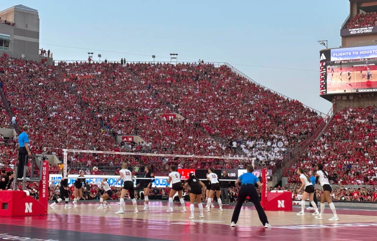 Nebraska and Omaha play a college volleyball match Wednesday, Aug. 30, 2023, at Memorial Stadium in Lincoln, Neb.