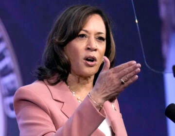 Kamala Harris speaking at a podium