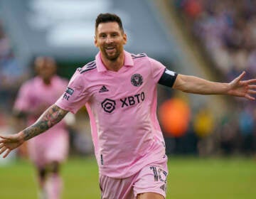 Inter Miami's Lionel Messi celebrates his goal against the Philadelphia Union during the first half of a Leagues Cup soccer semifinal Tuesday, Aug. 15, 2023, in Chester, Pa. (AP Photo/Chris Szagola)