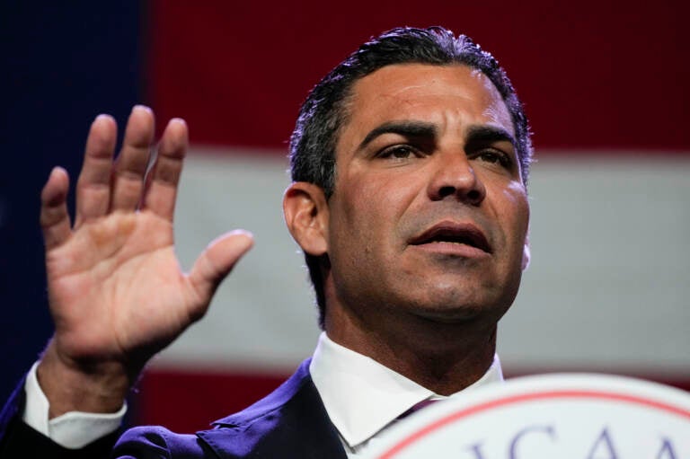 Republican presidential candidate Miami Mayor Francis Suarez speaks at the Republican Party of Iowa's 2023 Lincoln Dinner in Des Moines, Iowa, on July 28.