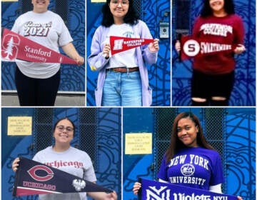 5 photos of girls holding college flags