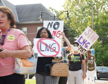 People hold protest signs read NO LNG and more.