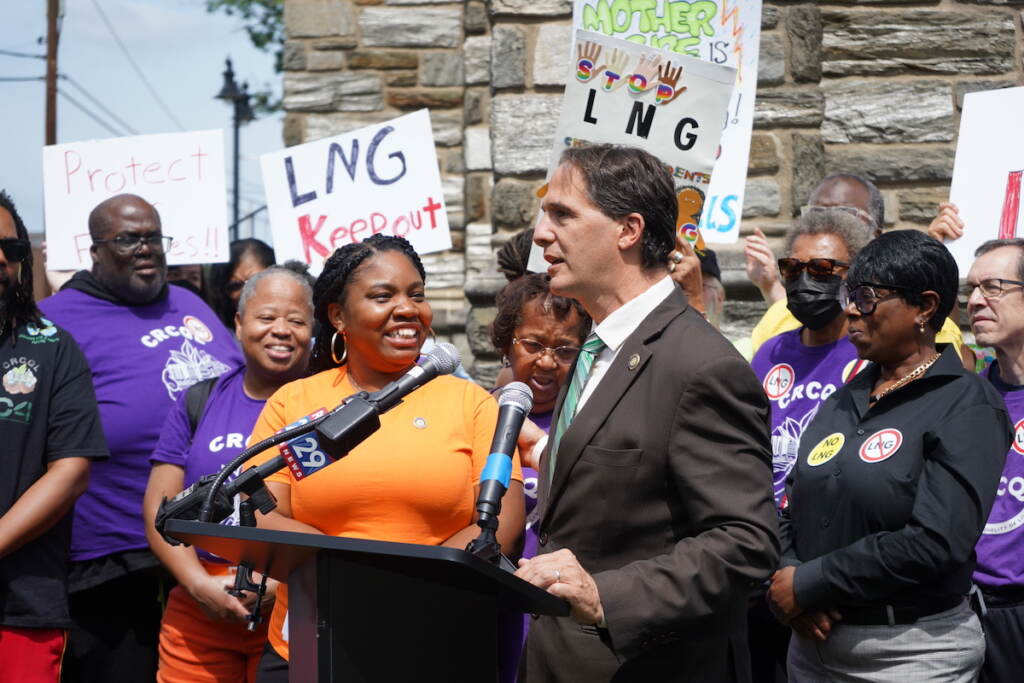 State Reps. Carol Kazeem and Joe Hohenstein join residents and activists outside of the LNG task force meeting.