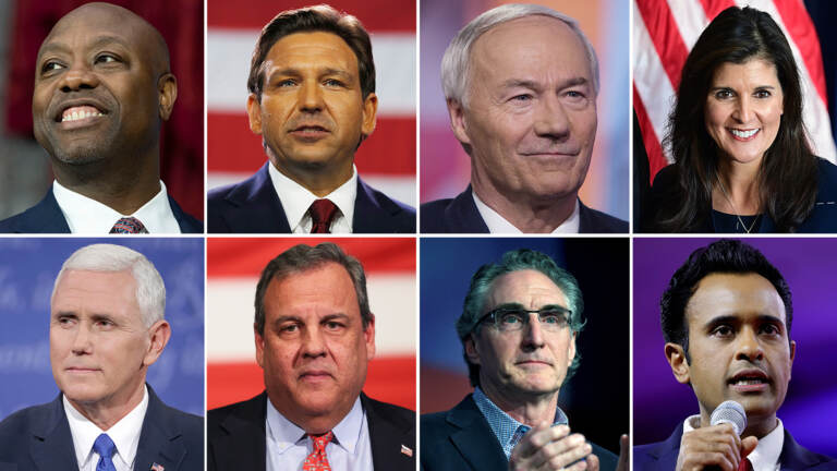 Clockwise: Tim Scott, Ron DeSantis, Asa Hutchinson, Nikki Haley, Vivek Ramaswamy, Doug Burgum, Chris Christie, and Mike Pence. (Jacquelyn Martin/AP; Octavio Jones/Getty Images; Victor J. Blue/Bloomberg; Mark Makela/Getty Images; Anna Moneymaker/Getty Images; Dan Keock/Reuters; Michael M. Santiago/Getty Images; Chip Somodevilla/Getty Images)