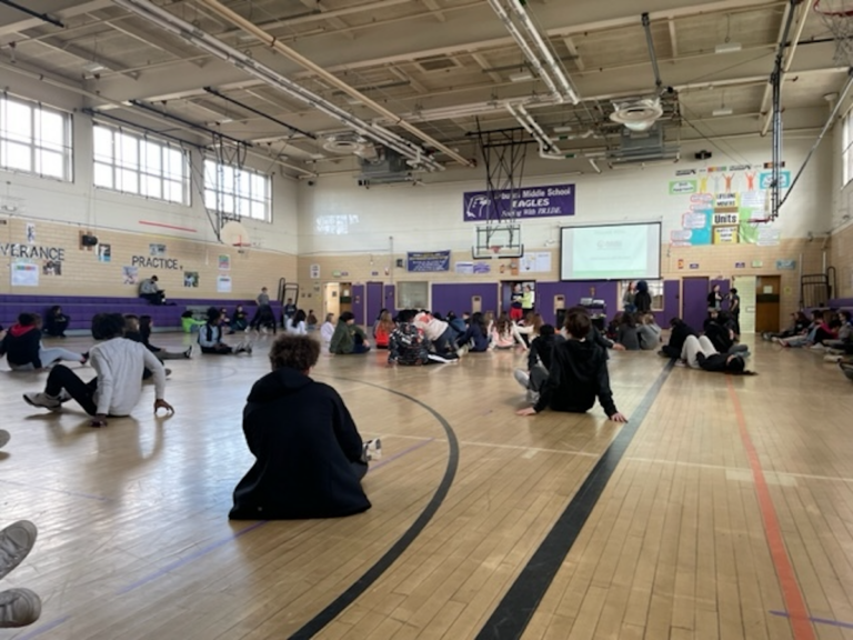 NAMI presenters visit eighth graders at Arbutus Middle School in Baltimore County to have an honest conversation about mental health concerns. (Mary Rose Madden/WHYY)