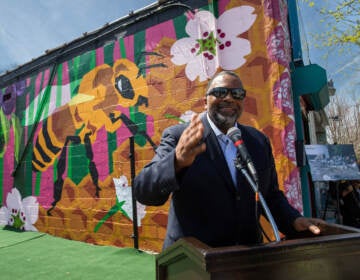 Overbrook Environmental Education Center cofounder Jerome Shabazz at a 2022 Earth Day unveiling of a new Mural Arts mural at the West Philly center. (Overbrook Environmental Education Center/Facebook)