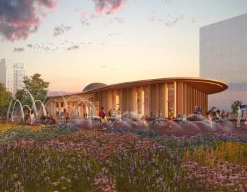 South view of the Park at Penn's Landing at dusk, showing the mass timber building at its center. The building is slated to be Philly's first net-zero carbon building. (Hargreaves Jones and Kieran Timberlake via Delaware River Waterfront Corporation)