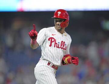 Philadelphia Phillies' Johan Rojas reacts after a home run during a baseball game, Friday, Aug. 11, 2023, in Philadelphia.