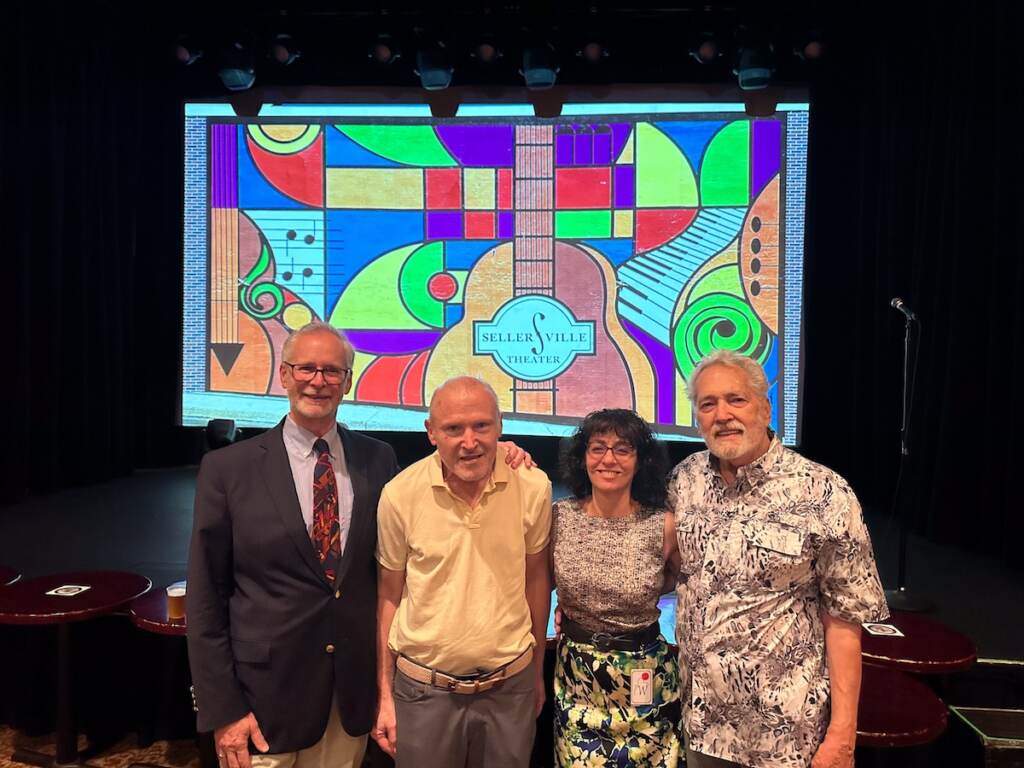 Stephen Barth, William Quigley, Elayne Brick, and Domenic Falcone inside the Sellersville Theater.