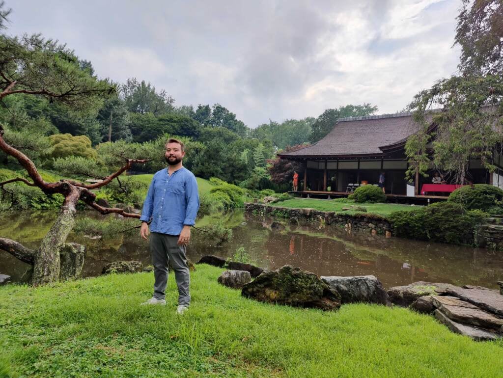 Rob Buscher posing at the Shofuso House