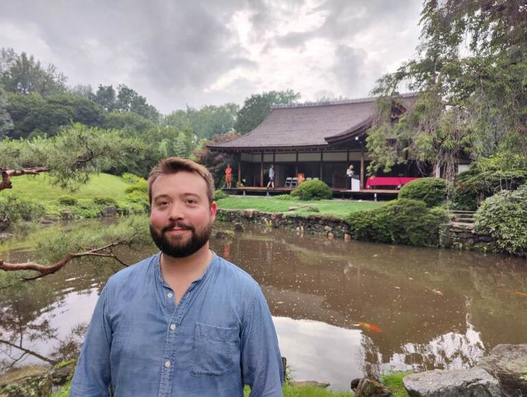 Rob Buscher posing at the Shofuso House