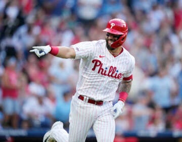 Philadelphia Phillies' Weston Wilson reacts after hitting a home run against Washington Nationals pitcher MacKenzie Gore