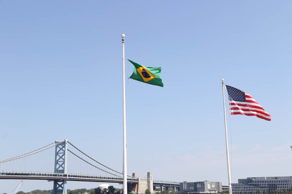 The Brazilian and American flags flew together at Penn's Landing for Brazilian Day Philadelphia on Sep. 3, 2023. City Hall will host a flag raising on Thursday to celebrate the nation's independence