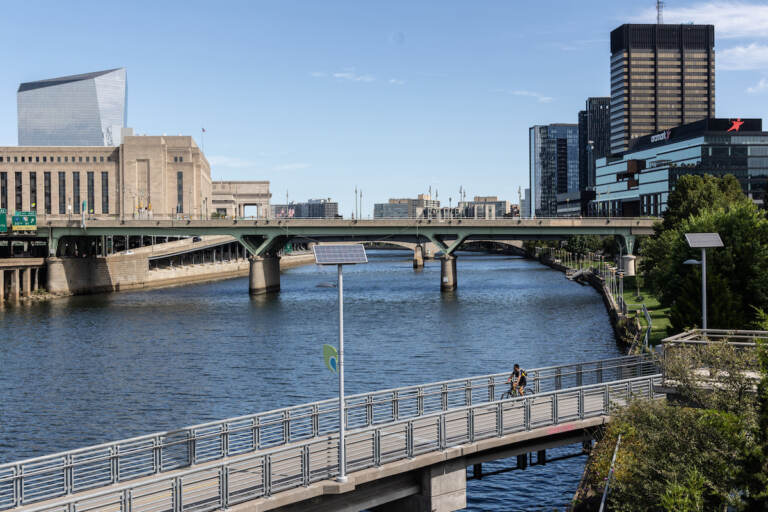 A view from above of the Schuylkill River and the Schuylkill River Trail in Center City Philadelphia