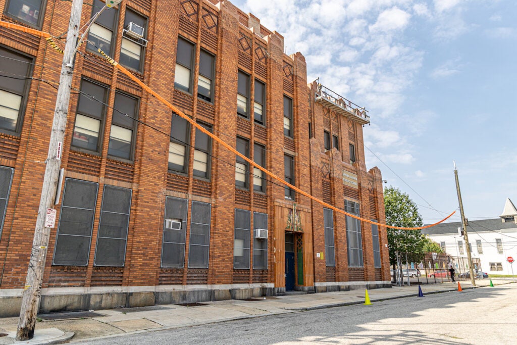 A few air-conditioning units can be seen in the windows of the Spring Garden School in Philadelphia.