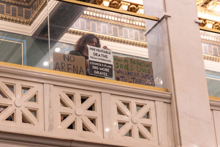 Protesters of a bill that would ban supervised injection sites displayed signs in the gallery of Philadelphia council chambers on Sept. 14, 2023. (Kimberly Paynter/WHYY)