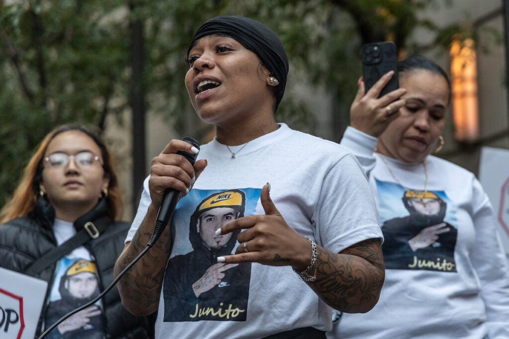 Eddie Irizarry Jr.’s cousin Aracelis Brown (center), sister Maria Irizarry (left) and aunt Zory Garcia (right) thanked protesters outside the Criminal Justice Center in Center City Philadelphia